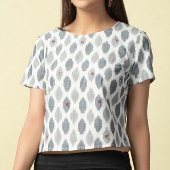 FABINDIA | 100% Cotton Boxy Bead Embroidered Ikat Crop Top Gray Sz M - Picture 1 of 13